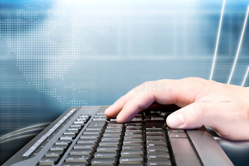 Hand on keyboard and technology background stock photo