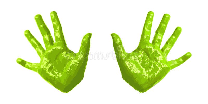 Hand kid print 3D, isolated white background. Green paint human hands. Silhouette of child, young people handprint. Stamp children fingers and palm shape. Abstract design texture. Vector illustration