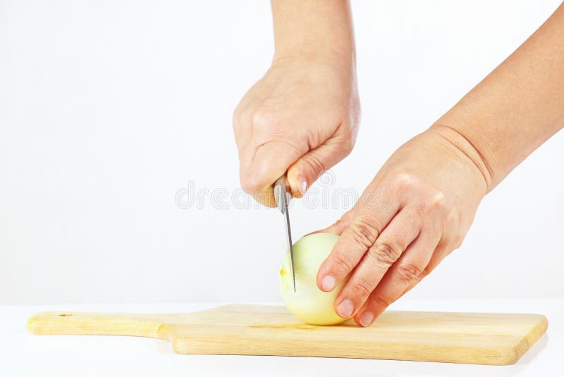 Hand with a Knife Cuts Raw Onion Stock Image Image of chopping, healthy 35594131