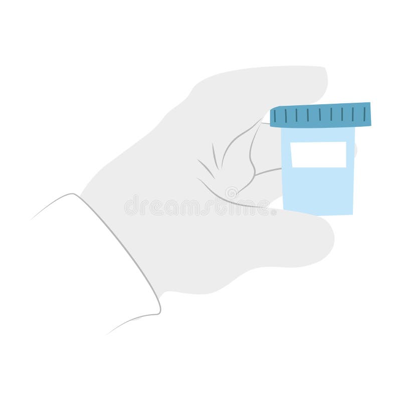 Hand in laboratory sterile glove holding a jar with biological probe. Lab specialist demonstrating sample of sperm stock illustration