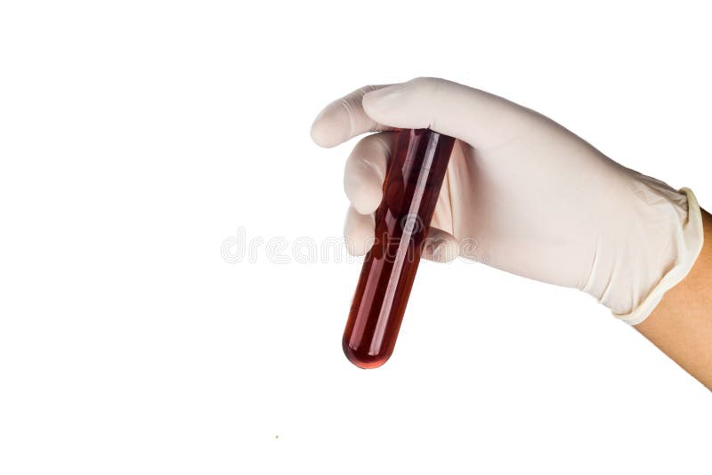 Hand in latex gloves holding test tubes with maroon liquid. royalty free stock image Hand in latex gloves holding test tubes with maroon liquid. royalty free stock image