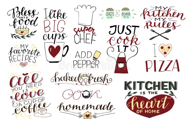 14 hand-lettering quotes about food, coffee, tea, kitchen Homemade. Add paper. Bless food. Super chef. Just cook it. I