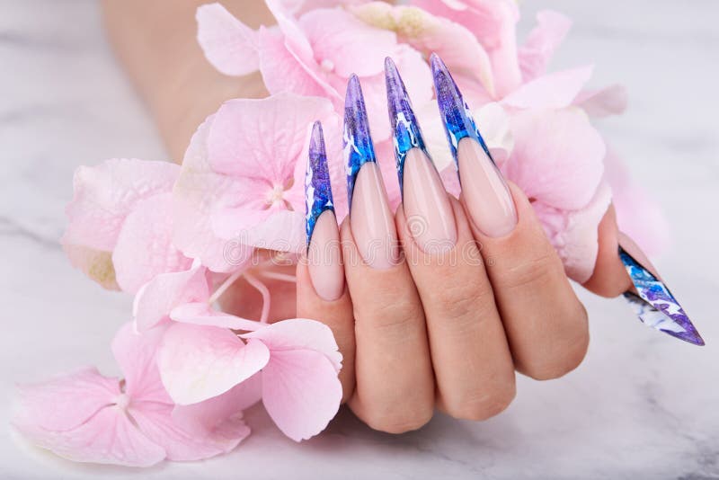 Hand with Long Artificial Blue French Manicured Nails Stock Photo - Image  of long, extensions: 229118282