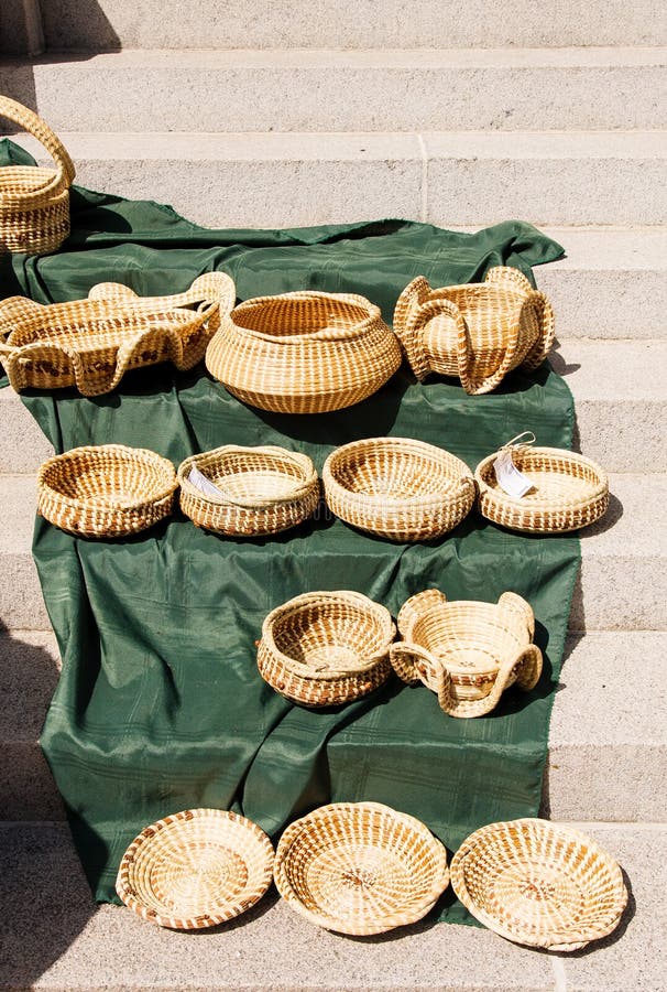 Hand Made Baskets on Green Blanket Stock Image Image of steps