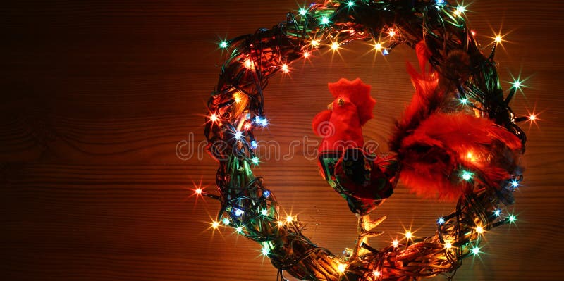 Hand made craft roosters decorations. Happy New Year and Merry Christmas holiday template card.