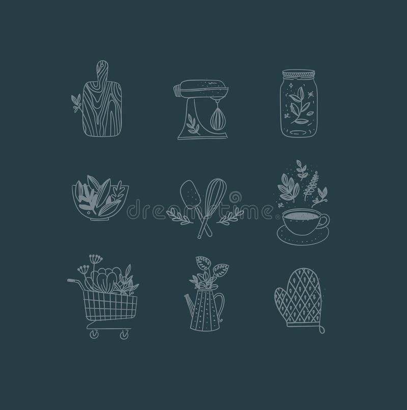 Hand made floral icons kitchen dark blue