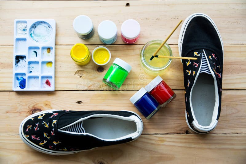 Paint, Markers, Brush and Sneaker Stock Photo - Image of craft, paint:  141640218