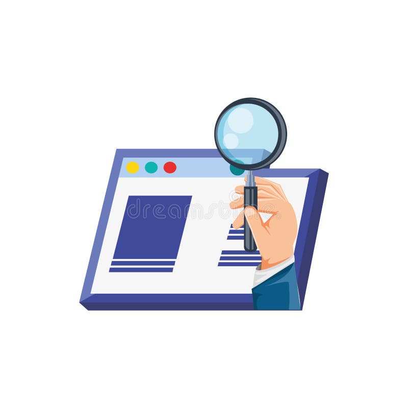 Hand with Magnifying Glass and Template Webpage Stock Illustration
