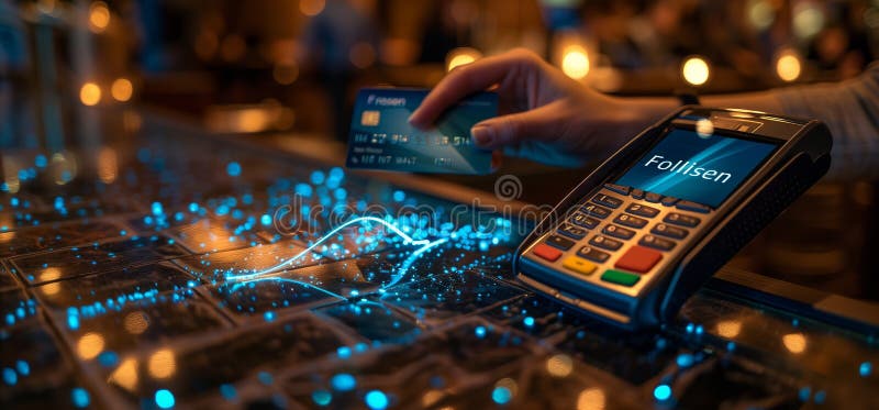 Contactless payment using digital card with futuristic interface for smooth transactions stock photo
