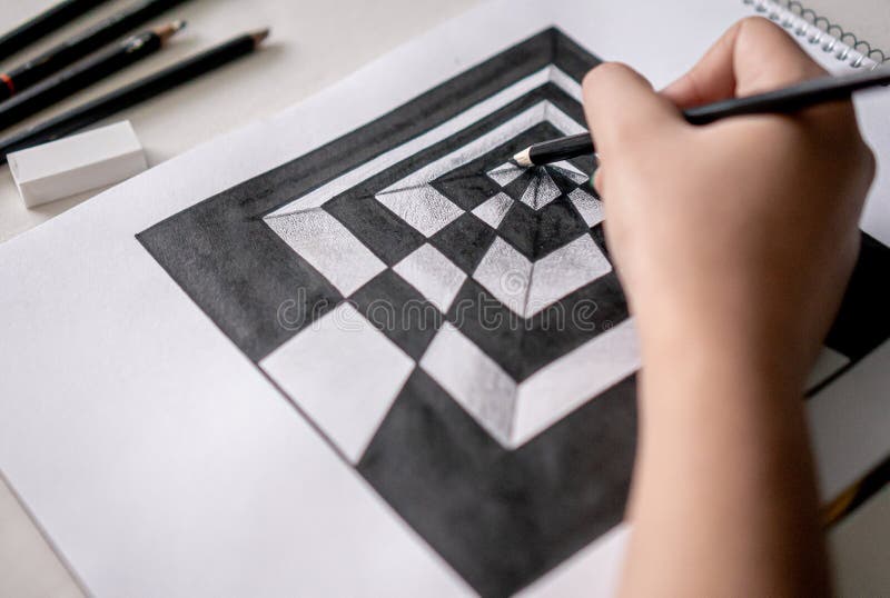 Hand Making a Black and White Perspective Drawing by Taking a Pencil Stock  Image - Image of color, girl: 202038665