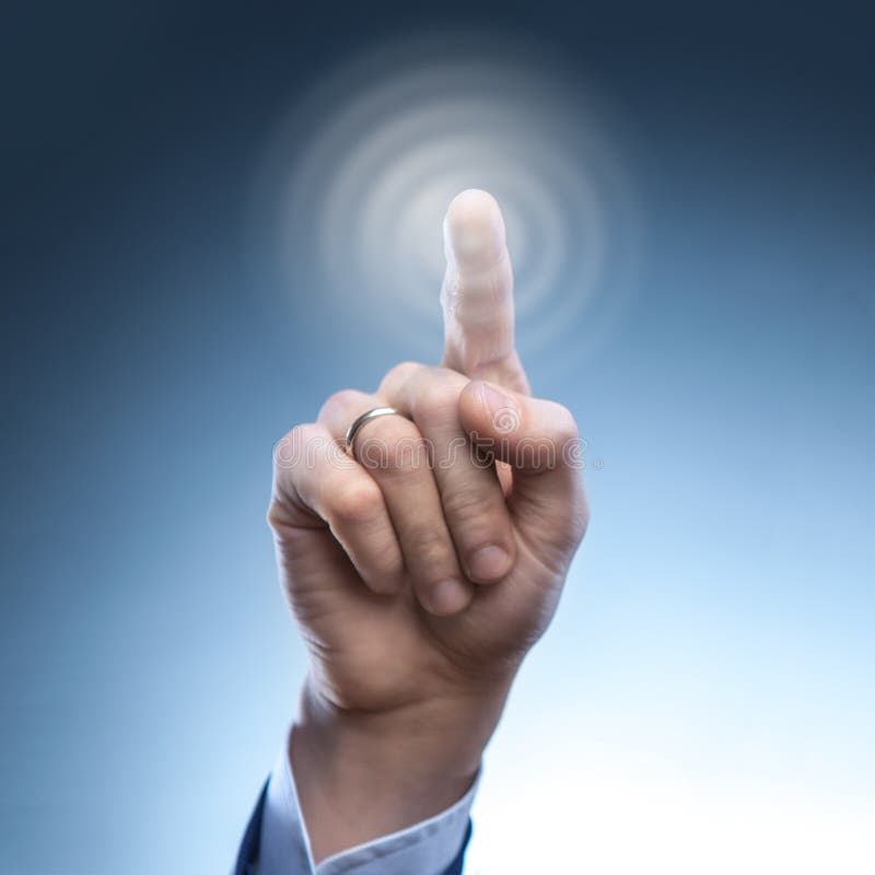 Hand of a man presses the button on the virtual screen stock photography Hand of a man presses the button on the virtual screen stock photography