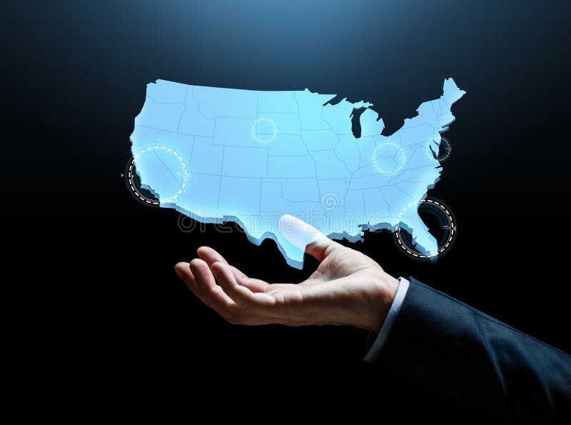 Business and people concept - businessman hand with map of united states of america over dark background