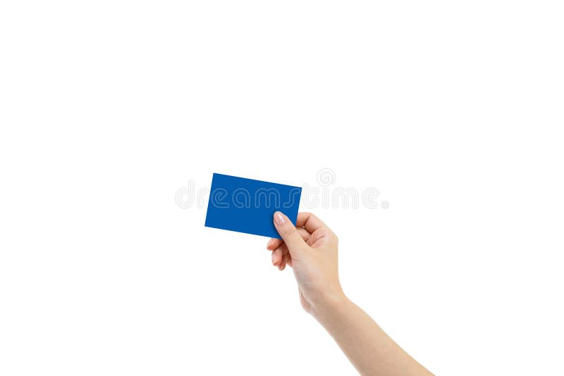 Hand med blått kort isolerat på vit bakgrund royaltyfri bild Hand med blått kort isolerat på vit bakgrund royaltyfri bild