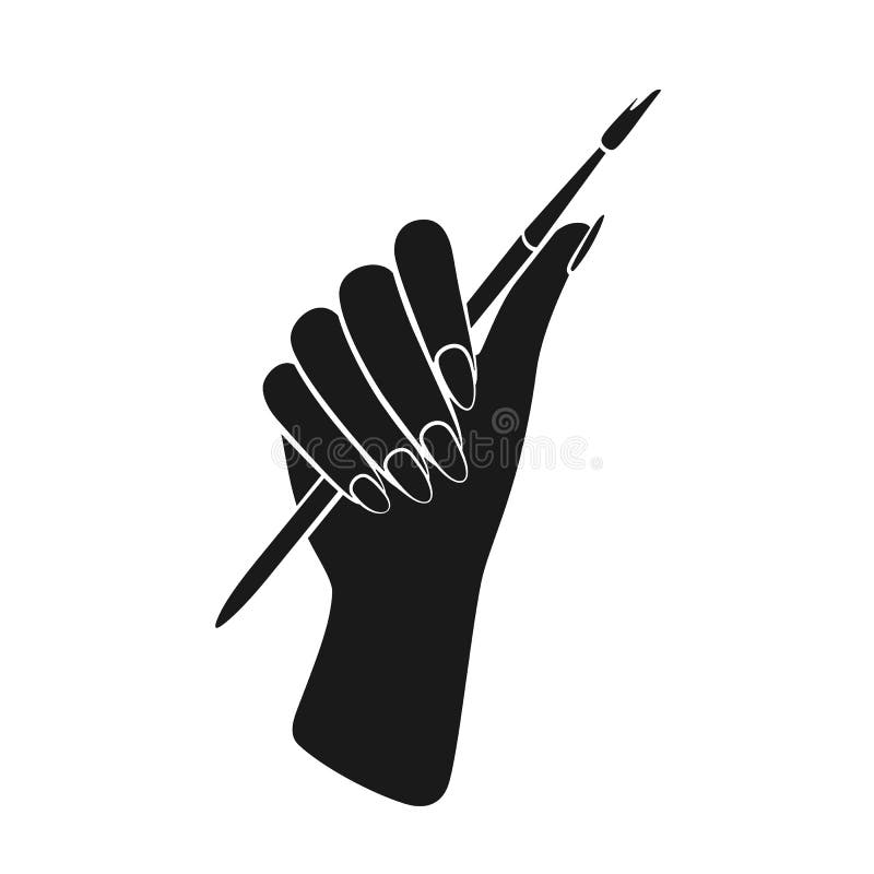 Female hand with acrylic nail brush or artist paint brush in silhouette vector icon. Female hand with acrylic nail brush or artist paint brush in silhouette vector icon