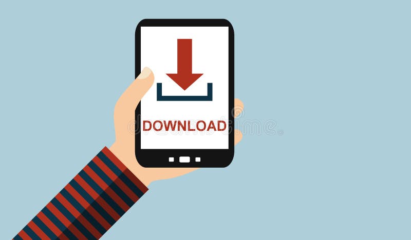 Hand met mobiele telefoon: Download - Vlak Ontwerp vector illustratie Hand met mobiele telefoon: Download - Vlak Ontwerp vector illustratie