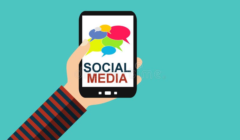 Hand met mobiele telefoon: Sociale Media - Vlak Ontwerp stock illustratie Hand met mobiele telefoon: Sociale Media - Vlak Ontwerp stock illustratie