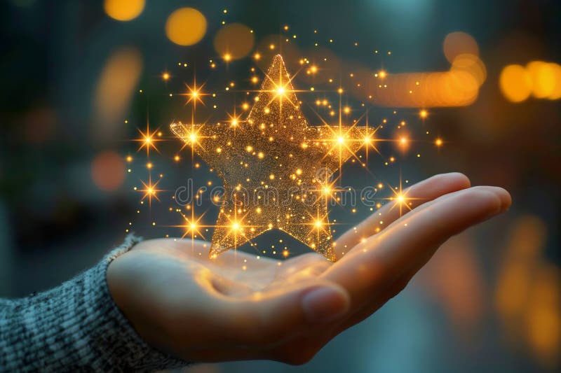 Hand mit glühendem goldenem Stern mit funkelnden Lichtern lizenzfreie abbildung