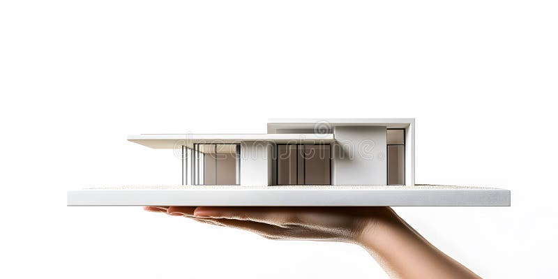 Hand mit modernem Hausmodell auf einer Plattform lizenzfreie abbildung