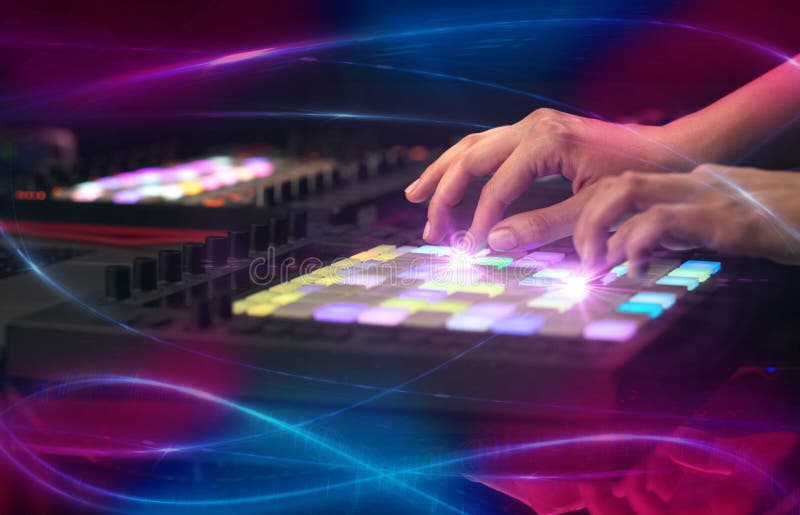 Hand Mixing Music on Dj Controller with Wave Vibe Concept Stock Photo