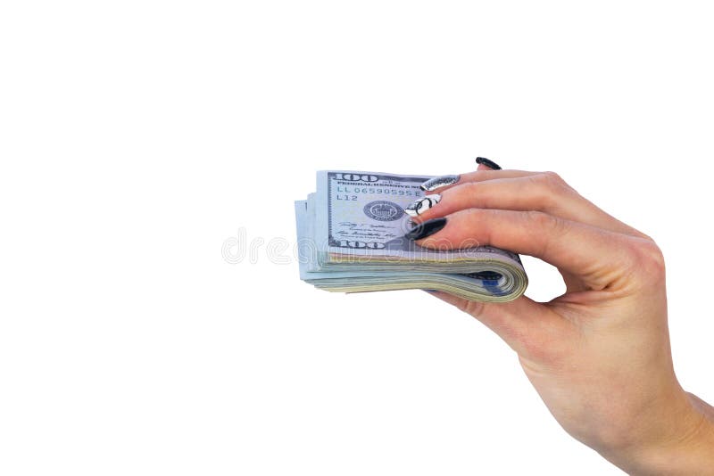 Hand with money isolated on white background. US Dollars in hand. Handful of money. Business woman offering money. Business woman