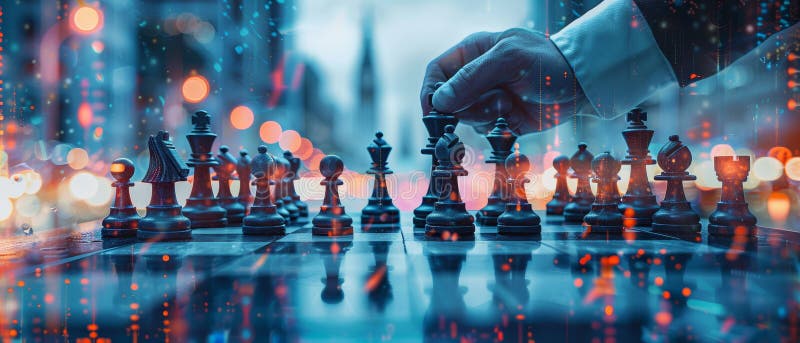 Hand moves chess piece on board, strategic planning concept royalty free illustration