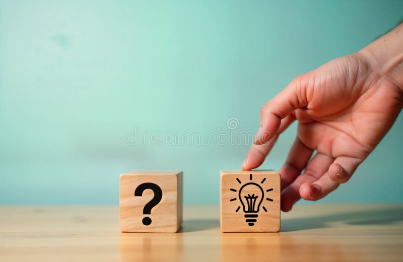 Hand moves wooden block with question mark to block with light bulb. Simple concept of problem solving, creative ideas. Solution strategy innovation. Wooden blocks represent visual. AI generated