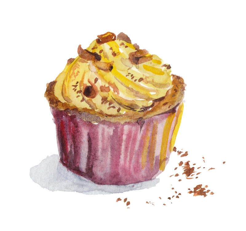 Hand målad vattenfärgmuffin med vaniljkräm vektor illustrationer