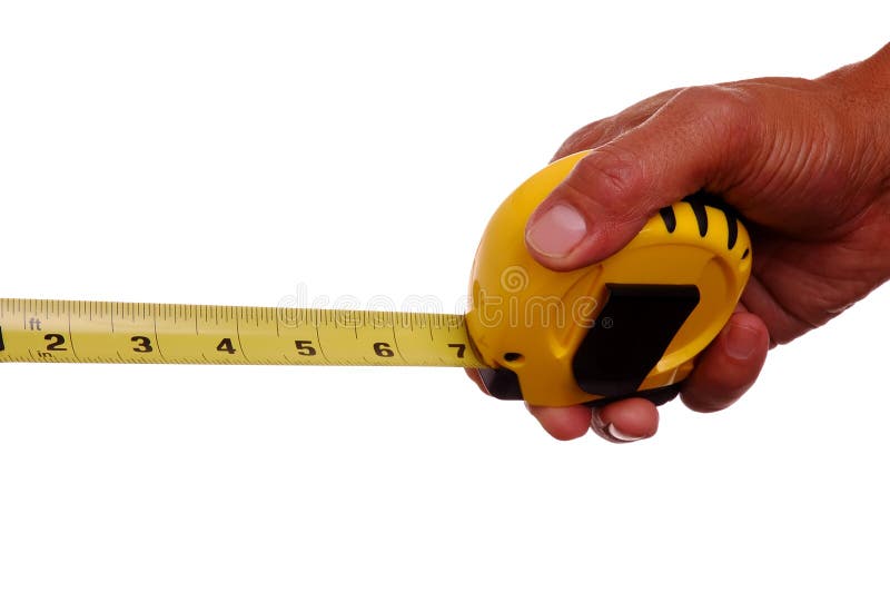 Hand holding extended Tape measure isolated over white. Hand holding extended Tape measure isolated over white