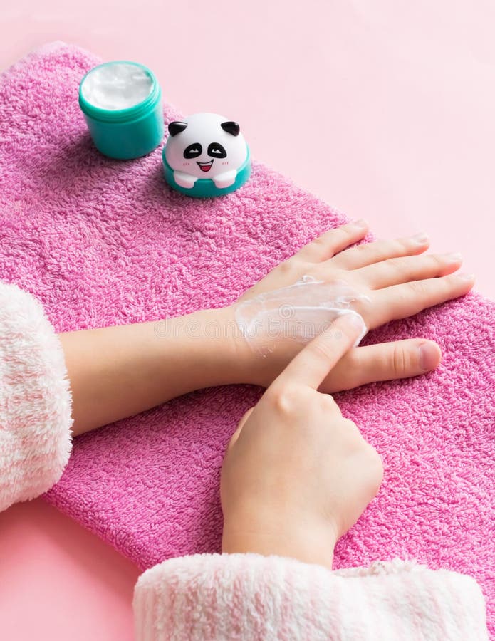 Hand and nail care for the child. Children`s manicure. View from above. royalty free stock photo Hand and nail care for the child. Children`s manicure. View from above. royalty free stock photo
