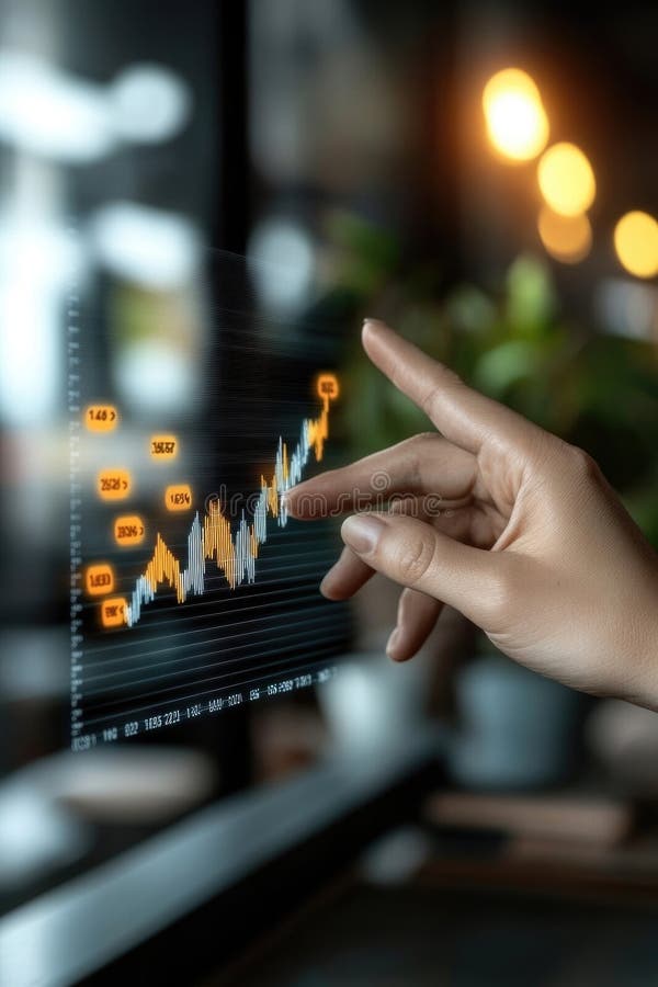 A hand navigates an interactive financial graph, highlighting upward trends and statistics. The setting is a cozy cafe stock photography