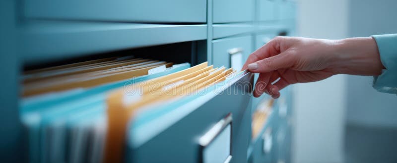 The Hand Organizing Files in a Modern Office Filing Cabinet image stock photo.