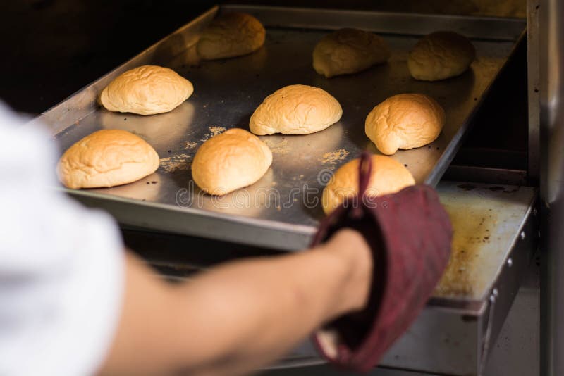 Zoom of Hand with Kitchen Glove Put or Take Bread from Inside Oven
