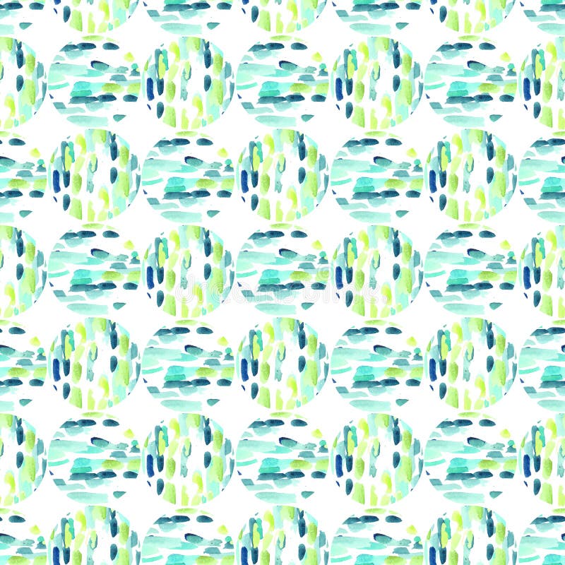 Abstract watercolor green and turquoise seamless pattern of shapes, circles, stripes and spots stock illustration Abstract watercolor green and turquoise seamless pattern of shapes, circles, stripes and spots stock illustration