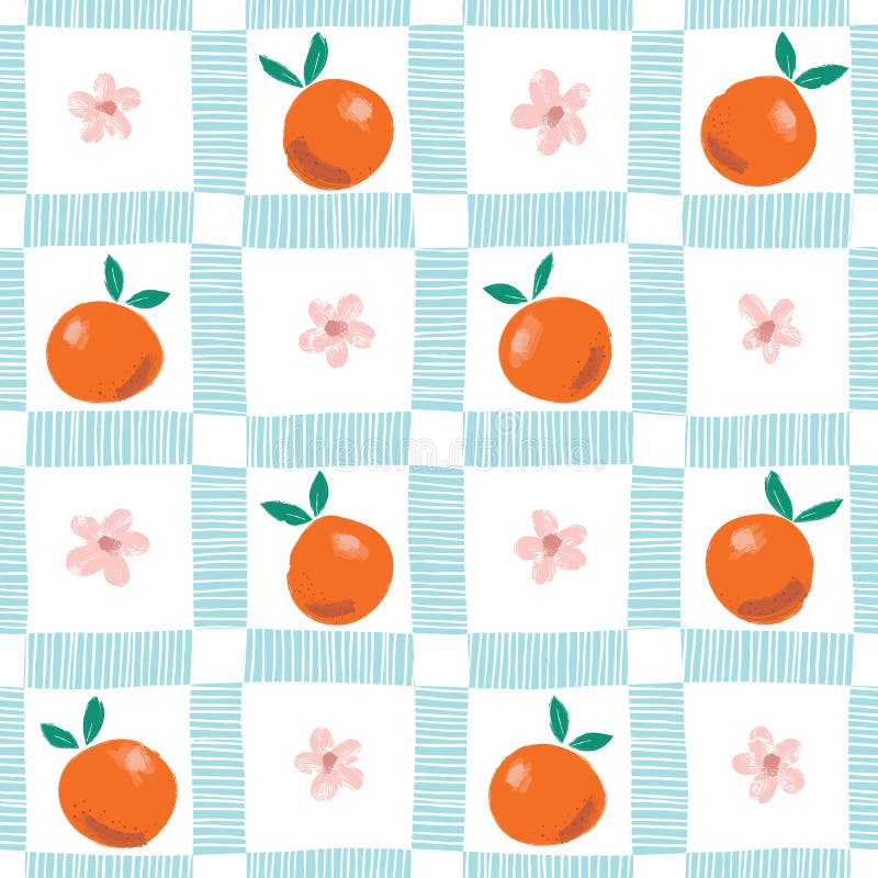 Hand Painted Colorful Abstract Oranges, Flowers and Leaves on Plaid Background. Summer Fruits Vector Seamless Pattern