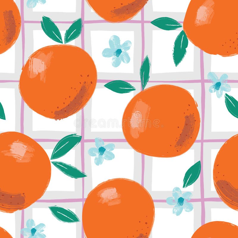 Hand Painted Colorful Abstract Oranges, Flowers and Leaves on Plaid Background. Summer Fruits Vector Seamless Pattern