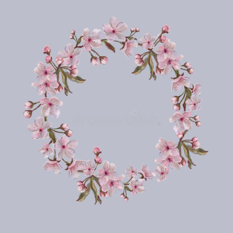 Hand Painted Floral Wreath on Lavander Background. For Valentine,. Easter, Mother`s Day, Wedding, and Engagement. Hand Painted Watercolor Apple/Cherry/Almond stock illustration
