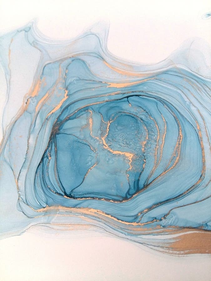Luxury abstract fluid art painting background alcohol ink technique blue and gold. Swirls of shiny gold edges.
