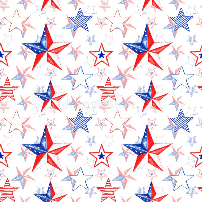 Hand painted red, blue and white stars seamless pattern. 4th of July patriotic print. Watercolor painting