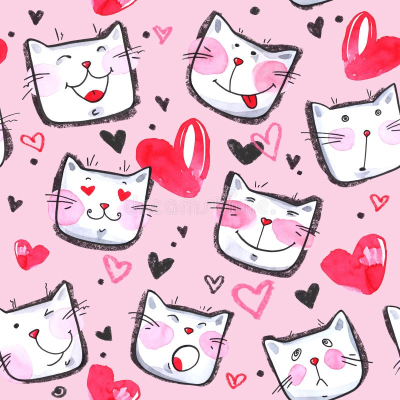 Hand painted seamless pattern with cute kittens. Watercolor bright cartoon cats on the white background. Lovely texture. stock illustration Hand painted seamless pattern with cute kittens. Watercolor bright cartoon cats on the white background. Lovely texture. stock illustration