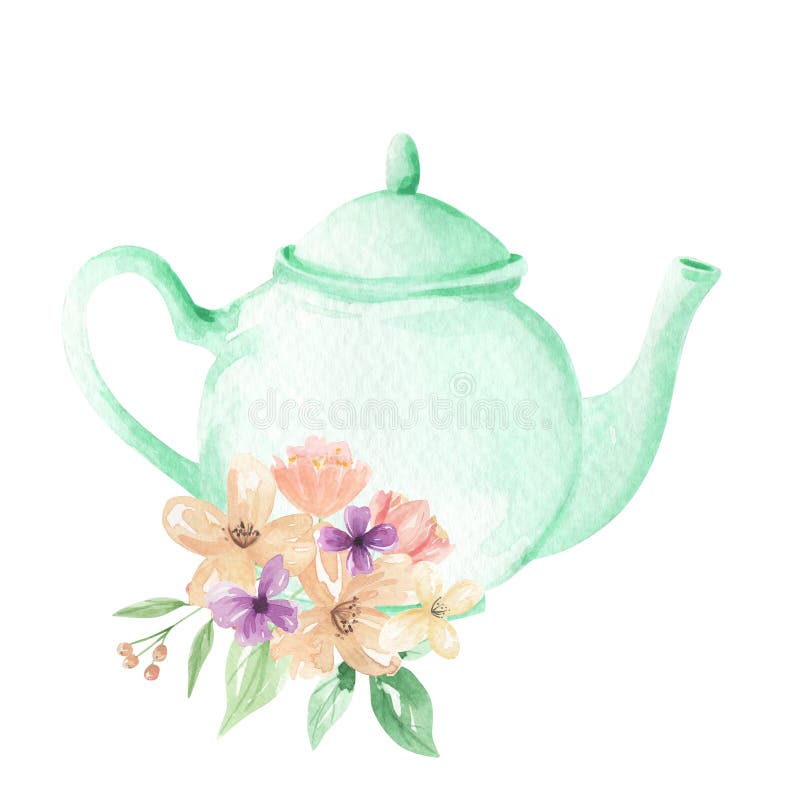 Mint Teapot Flowers Watercolor Foliage Afternoon Tea Floral Arrangement