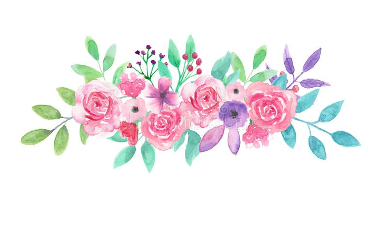 Watercolor Flower Arrangement Pink Floral Hand Painted Bouquet Stock Illustration - Illustration Of Garland, Frames: 99118635