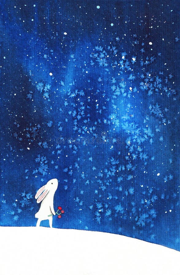 Hand painted watercolor cute white bunny looking at starry afternoon sky. Rabbits, stars, northern lights. Cute baby illustration