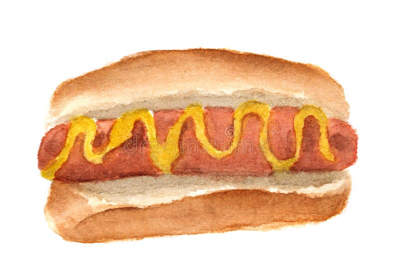 Hand painted watercolor of hot dog with big sausage and mustard isolated on white background royalty free illustration