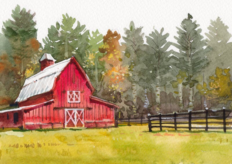 Cottage house watercolor painting at country side