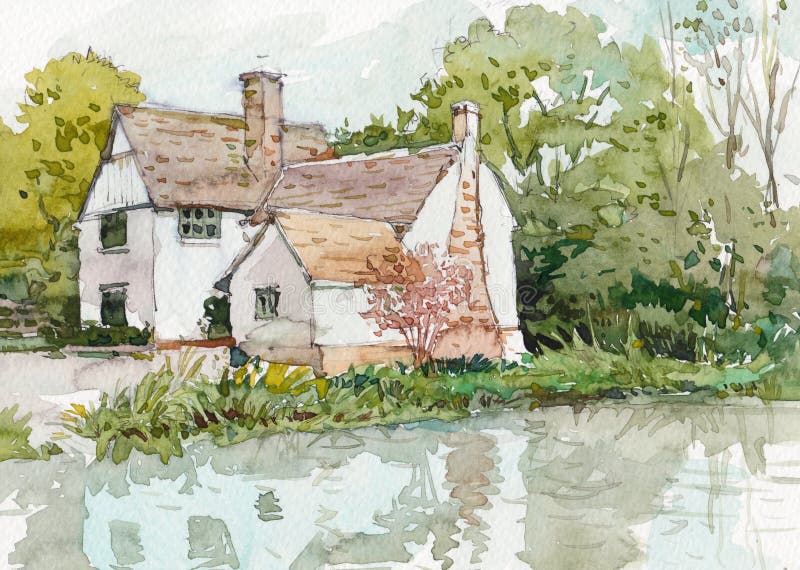 Cottage house watercolor painting at country side