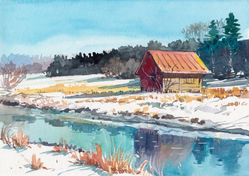 Cottage house watercolor painting at country side