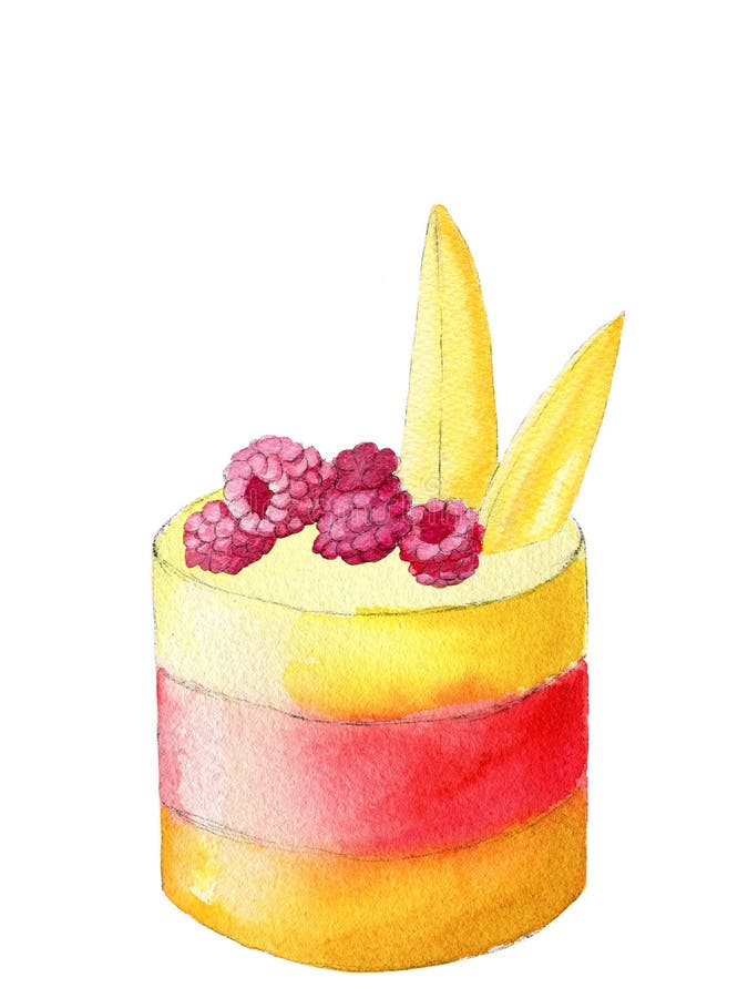 Hand painted watercolor rainbow layered cake with fruit and berry topping, raspberry and mango isolated stock illustration Hand painted watercolor rainbow layered cake with fruit and berry topping, raspberry and mango isolated stock illustration