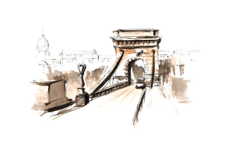 Hand painted watercolor sketch illustration Chain Bridge Budapest Hungary