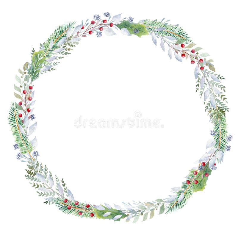 Hand painted watercolor wreath with greenery and red berries. Christmas clipart. Design for invitations, cards, signs, diy.