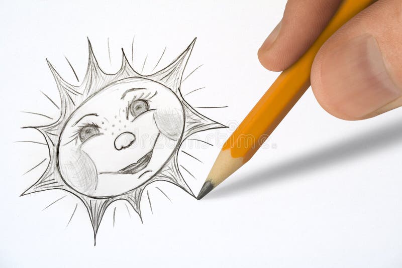 Hand painting smiling sun on white paper. Hand painting smiling sun on white paper